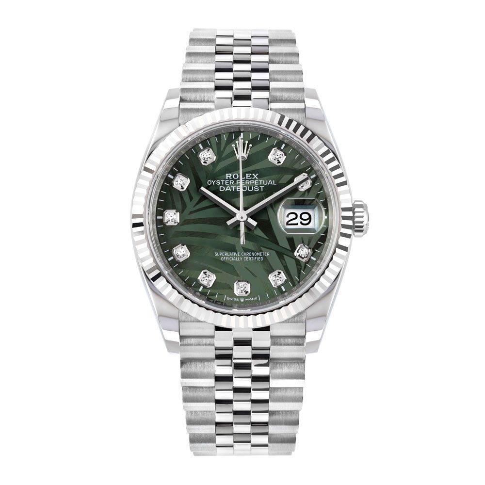 Rolex Datejust 36, 126234, Steel, Olive Green Palm Motif Diamond Dial, 36 mm - Avi & Co. 1