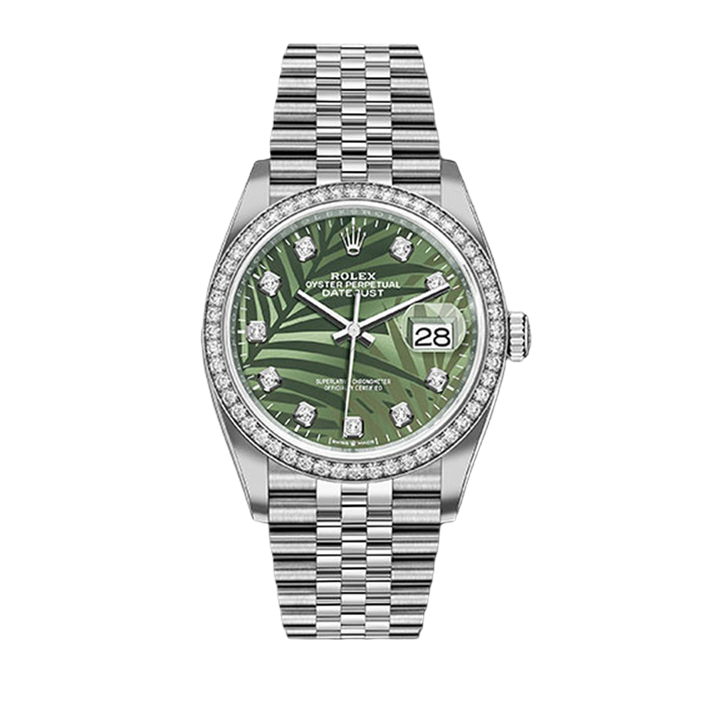 Shop Rolex Datejust 36 126284RBR, Jubilee, Steel, Olive Green Palm Motif Diamond Dial, 36 mm - Avi & Co. 1