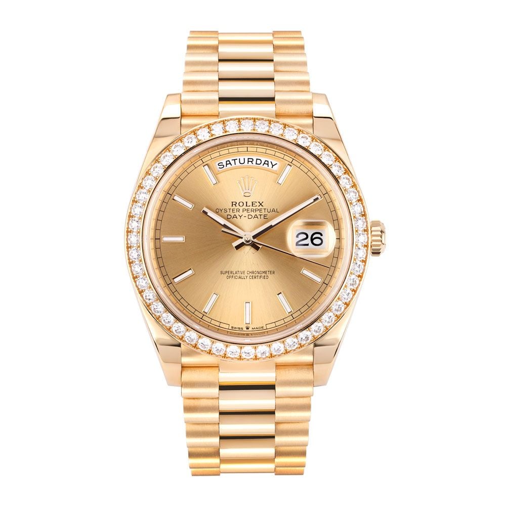 Rolex Daydate 40, 228348RBR, 18K Yellow Gold, Diamond Bezel, Green Dial, 40 mm - Avi & Co. 1