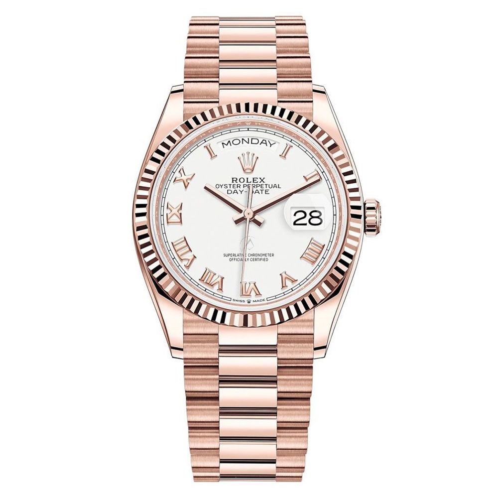 Rolex Day-Date 36 128235, President, 18K Rose Gold, White Roman Dial, 36mm - Avi & Co. 1