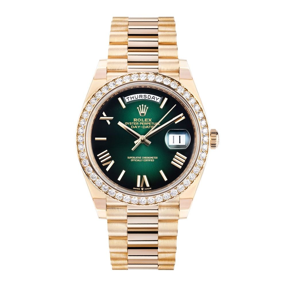 Rolex Day-Date 40 228348RBR, 18K Yellow Gold, Diamond Bezel, Green Roman Dial, 40 mm - Avi & Co. 1
