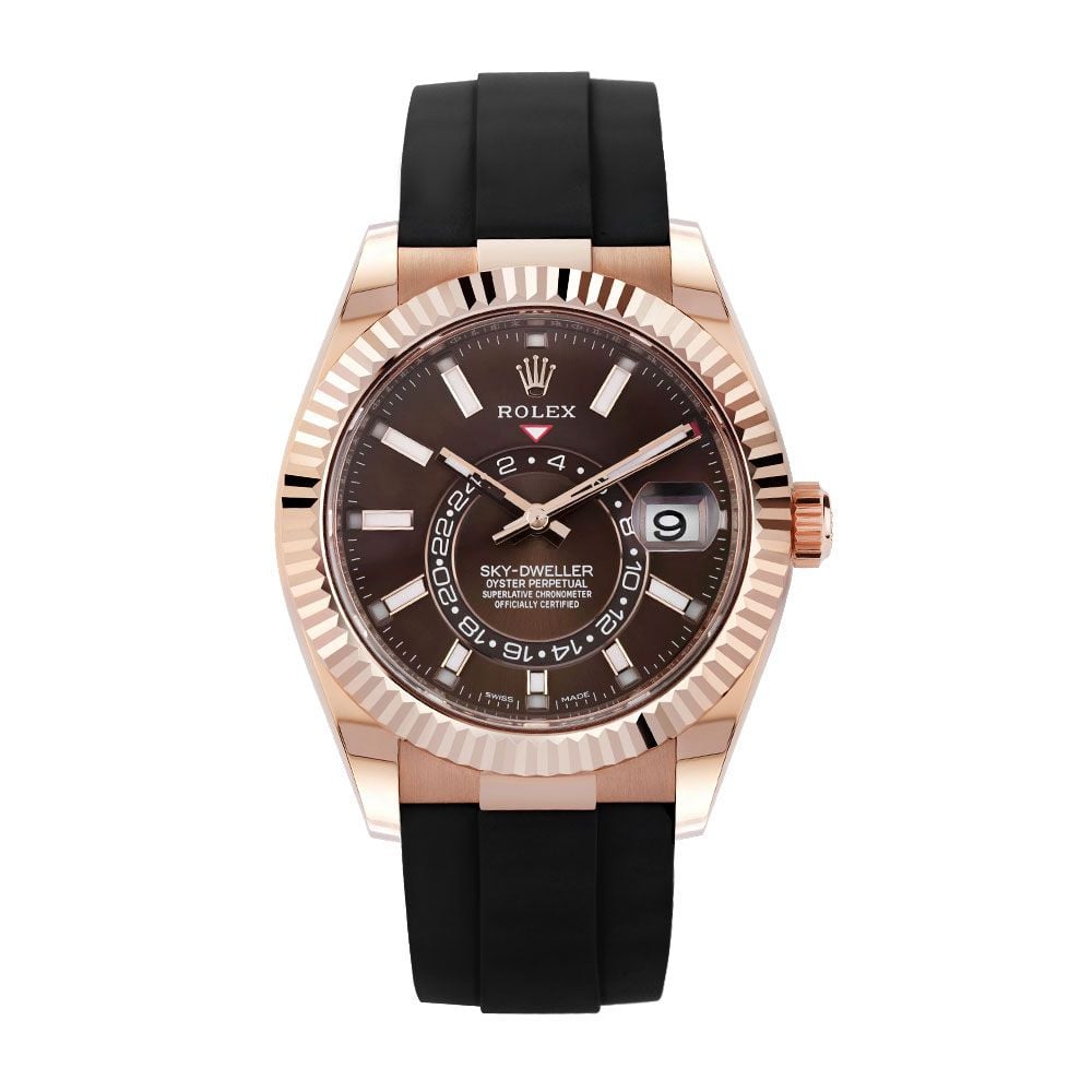 Shop Rolex Sky-Dweller 336235, Oysterflex, 18K Rose Gold, Chocolate Index Dial, 42 mm - Avi & Co. 1