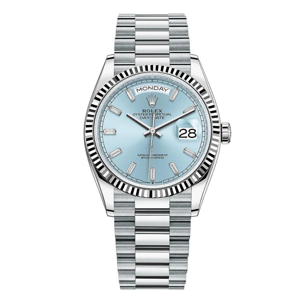 Shop Rolex Day-Date 36 128236, President, Platinum, Ice Blue Baguette Diamond 36 mm - Avi & Co. 1