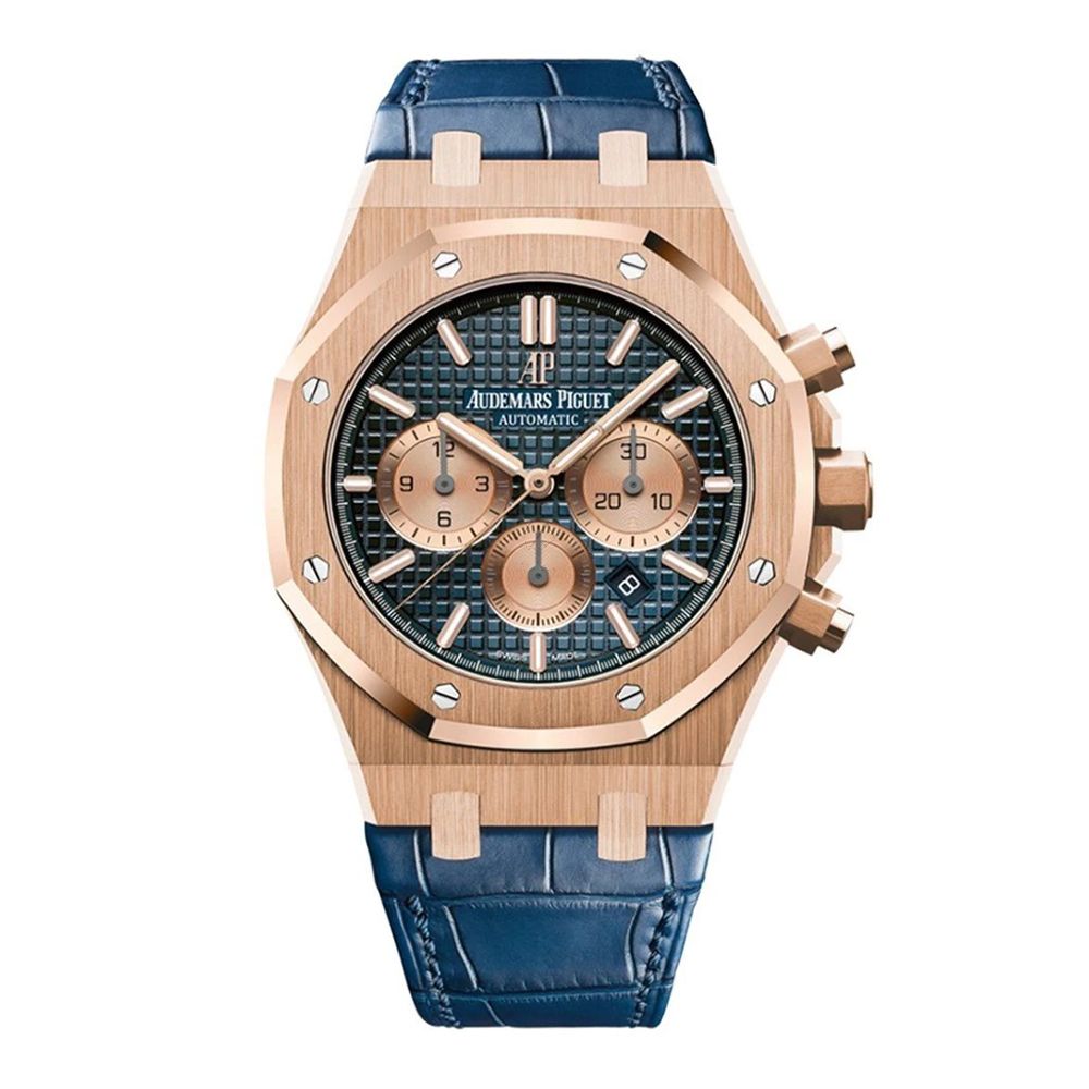 Shop Audemars Piguet Royal Oak 26239OR, Chronograph, 18K Rose Gold, Blue Leather, Blue Dial, 41mm - Avi & Co. 1