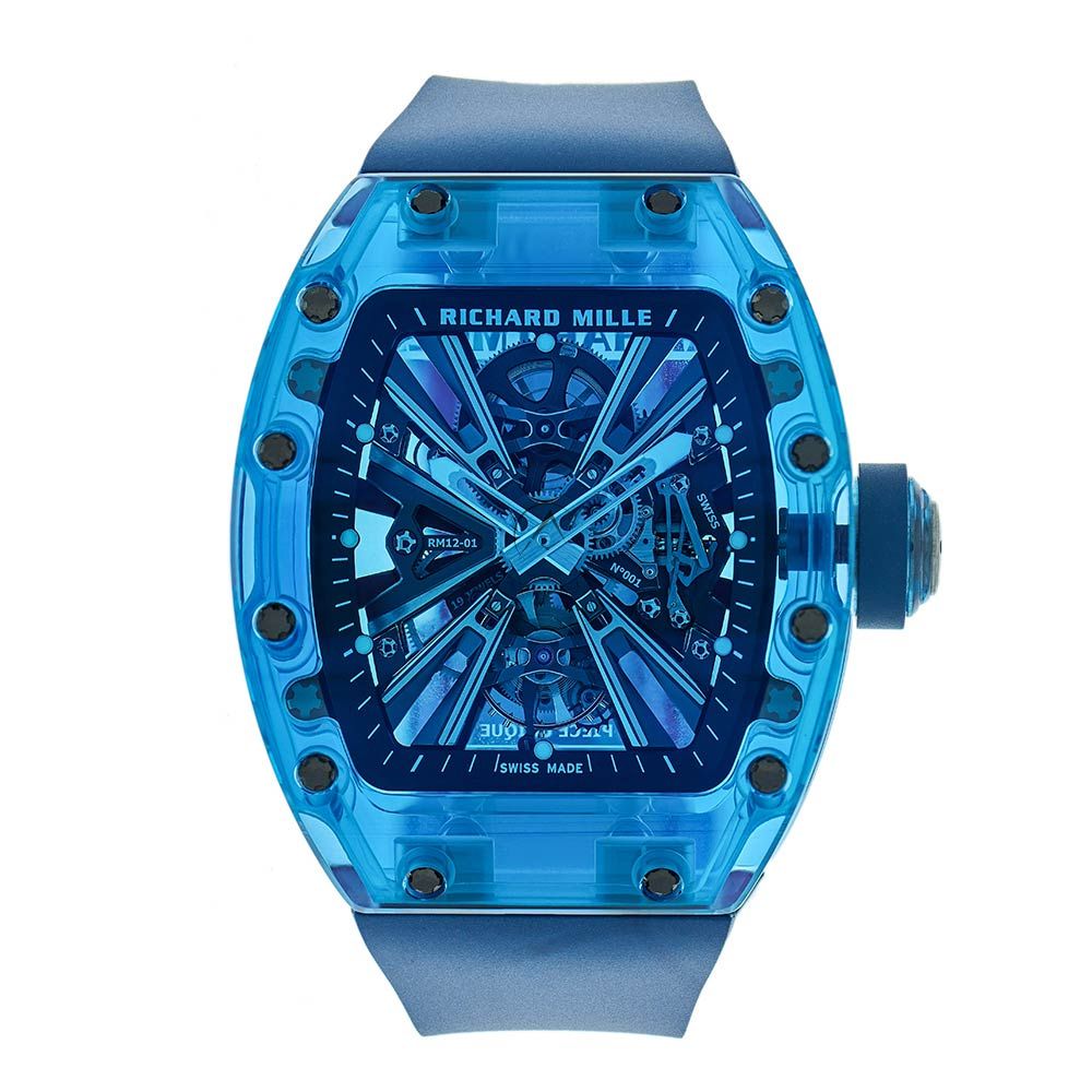 The Richard Mille RM 12 01 Sapphire Blue Tourbillion with Transparent Dial 50m Water Resistance