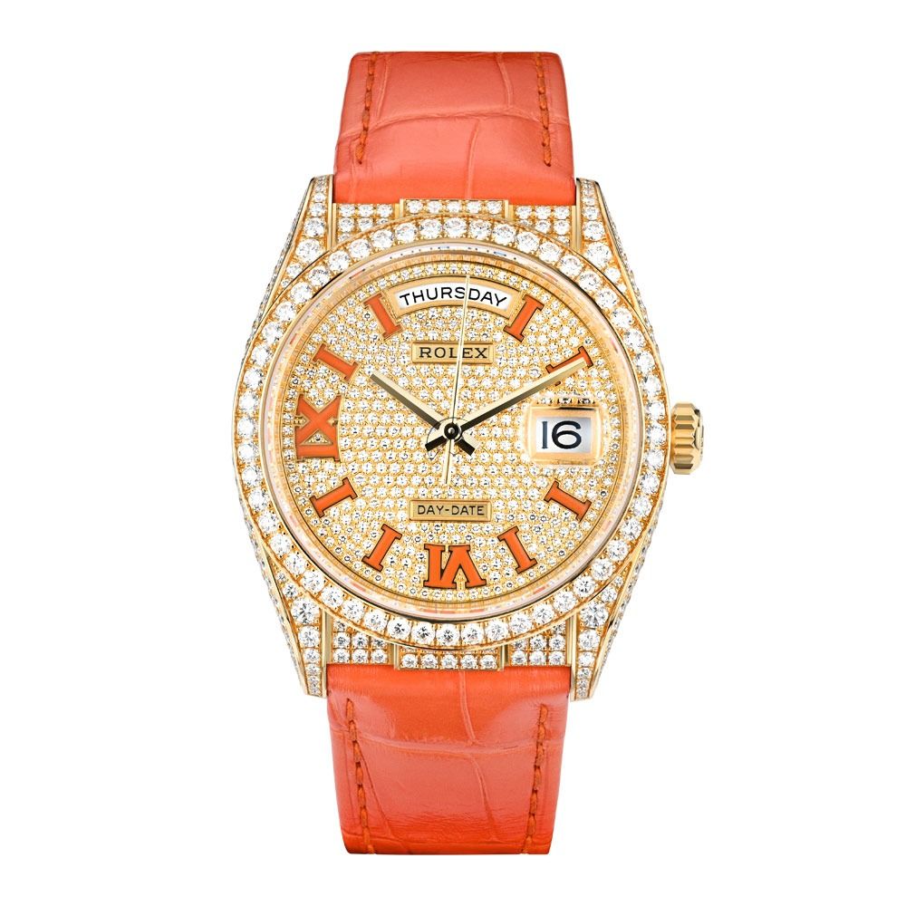Rolex Day-Date 36 128158RBR, 18K Yellow Gold, Diamond Roman Dial