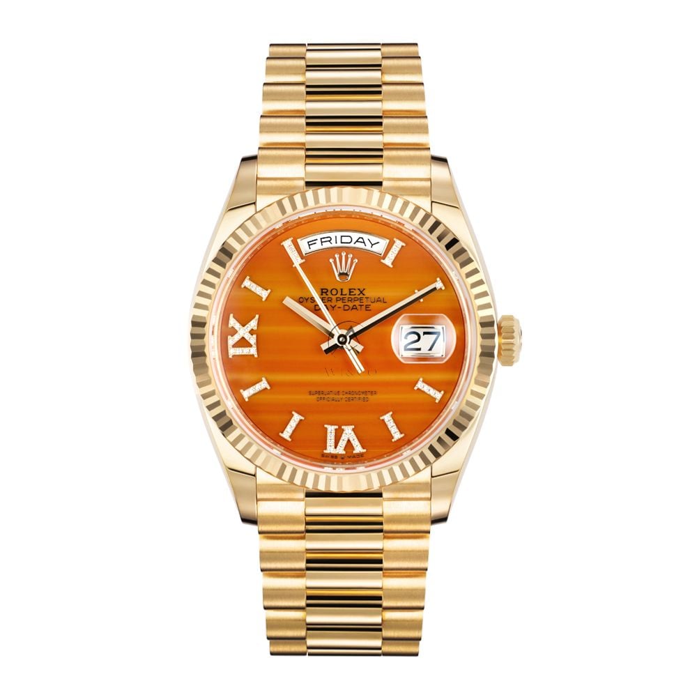 Rolex Day-Date 36 128238, 18K Yellow Gold, Orange Carnelian Roman