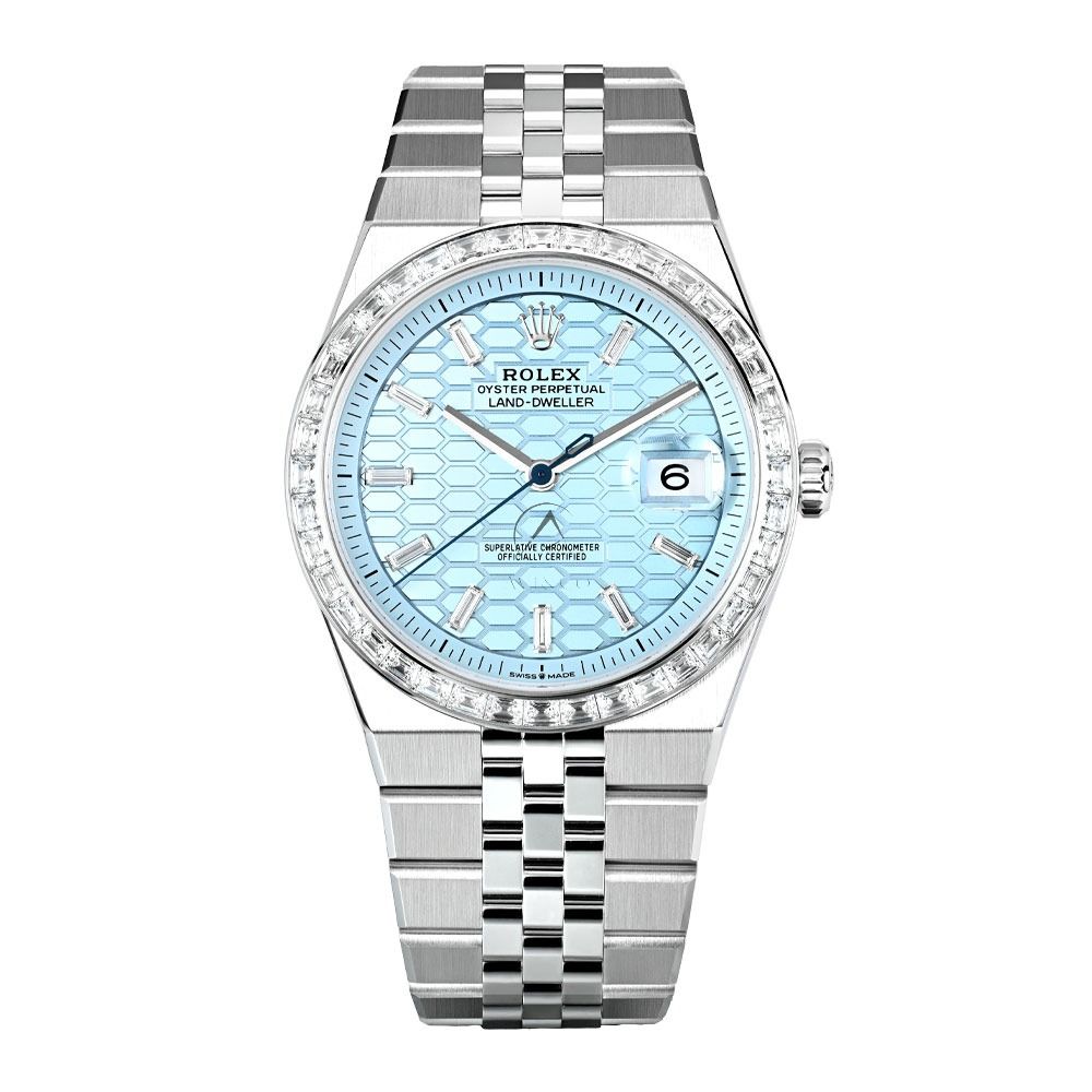 Rolex Land-Dweller 40 127386TBR, Platinum, Diamond Bezel, Ice Blue