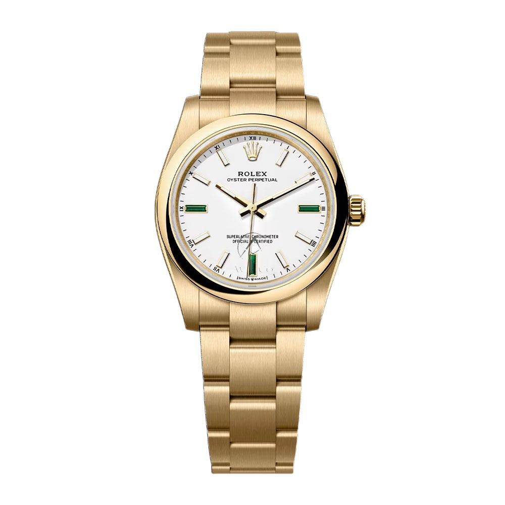 Rolex Oyster Perpetual 34 124208, 18K Yellow Gold, White Dial, 34