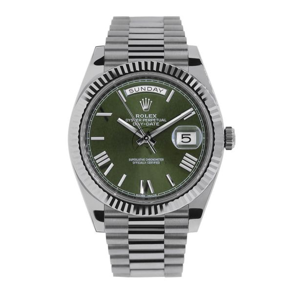 Shop Rolex Day Date 228239 18K White Gold Olive Green Roman Dial 40 mm