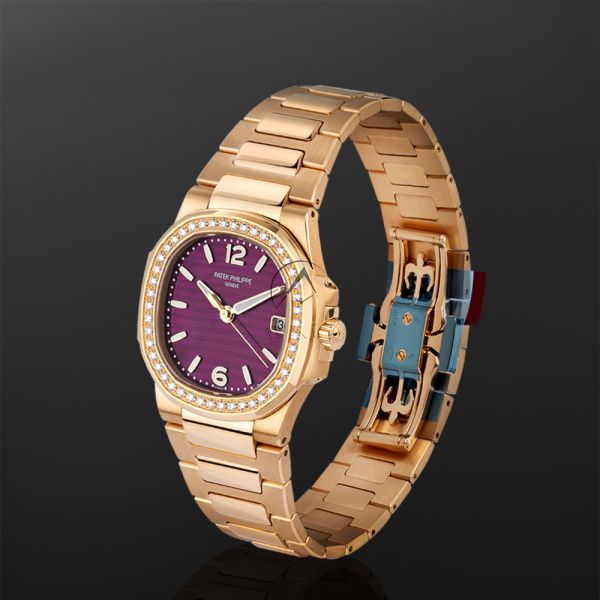 Shop Patek Philippe Nautilus 7010 1R 18K Rose Gold Diamond Bezel Purple Dial 32 mm