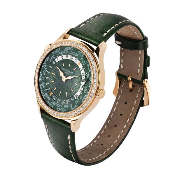 Shop Patek Philippe Complications 7130R 014 18K Rose Gold World Time Diamond Bezel Green Dial 36 mm