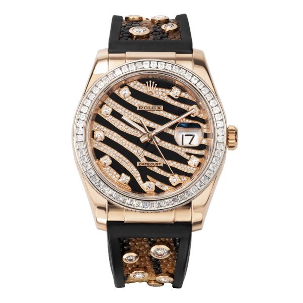 Rolex Datejust 36 116185BVR 18K Rose Gold Zebra Pave Diamond Dial 36