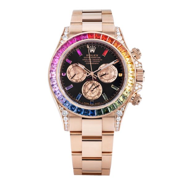 Rolex Daytona 116595RBOW, 18K Rose Gold, Rainbow Bezel, Black Baguette