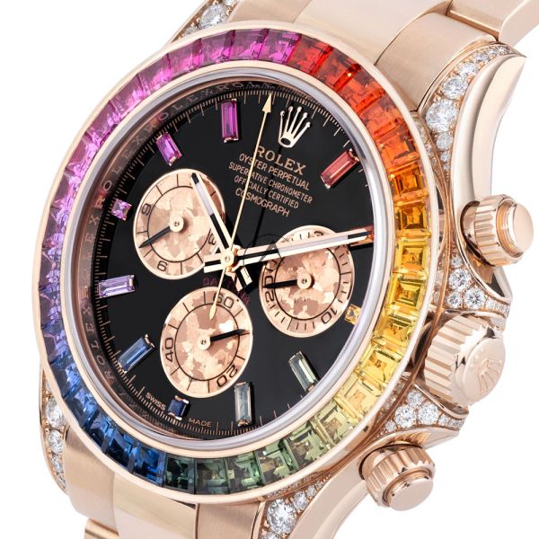 Rolex Daytona 116595RBOW 18K Rose Gold Rainbow Bezel Black Baguette