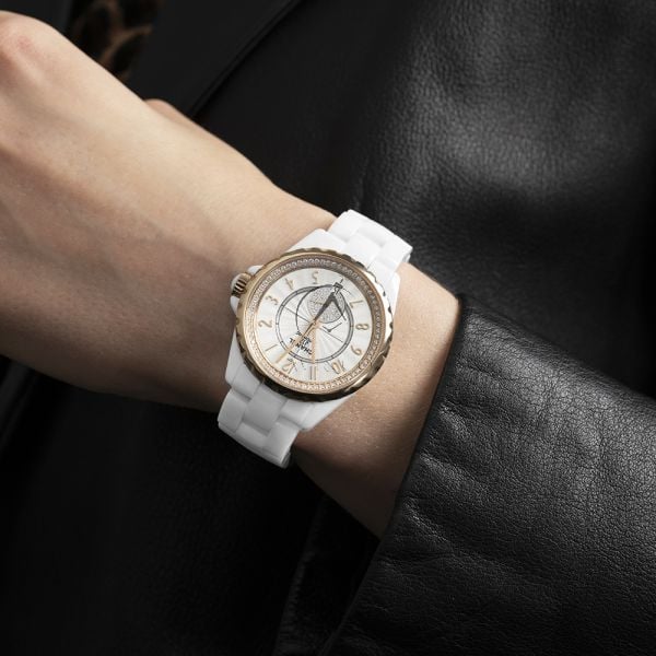 Chanel J12 J12-365, White Ceramic & 18K Rose Gold, White Opaline