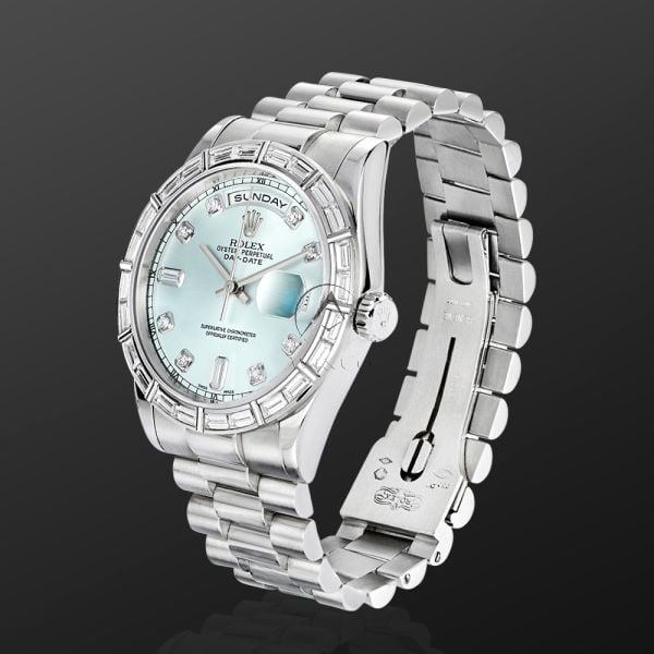Rolex Day-Date 36 118366, Platinum, SW Baguette Bezel, Blue