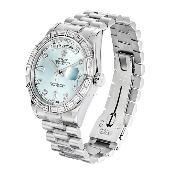 たまみ　0710 Rolex Day-Date 36 118366, Platinum, SW Baguette Bezel, Blue