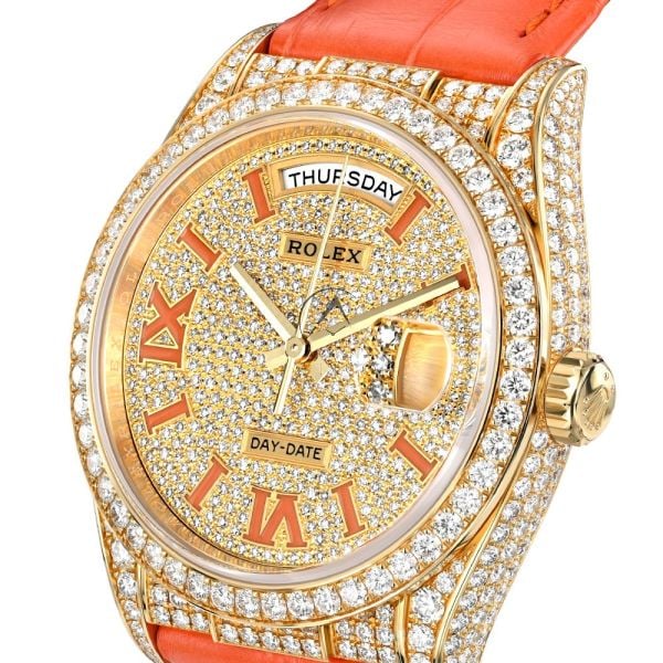 Rolex Day-Date 36 128158RBR, 18K Yellow Gold, Diamond Roman Dial