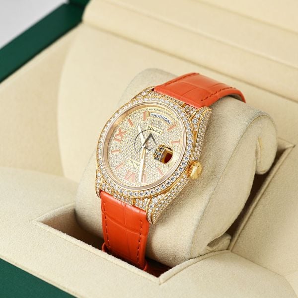Rolex Day-Date 36 128158RBR, 18K Yellow Gold, Diamond Roman Dial