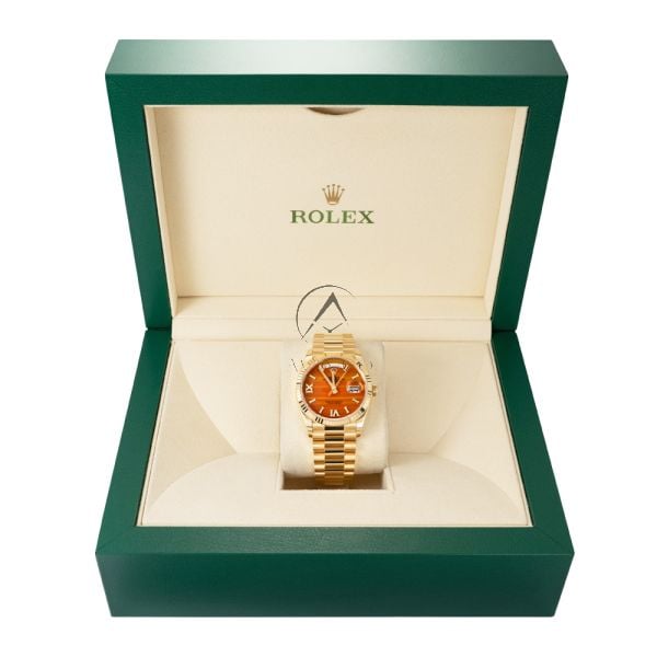 Rolex Day-Date 36 128238, 18K Yellow Gold, Orange Carnelian Roman