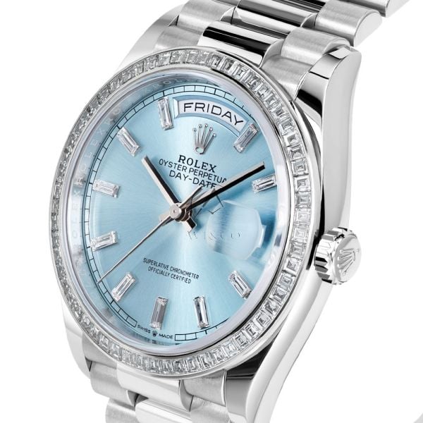 Rolex Day-Date 128396TBR, Platinum, Diamond Bezel, Ice Blue