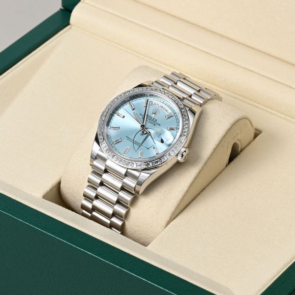Rolex Day-Date 128396TBR, Platinum, Diamond Bezel, Ice Blue