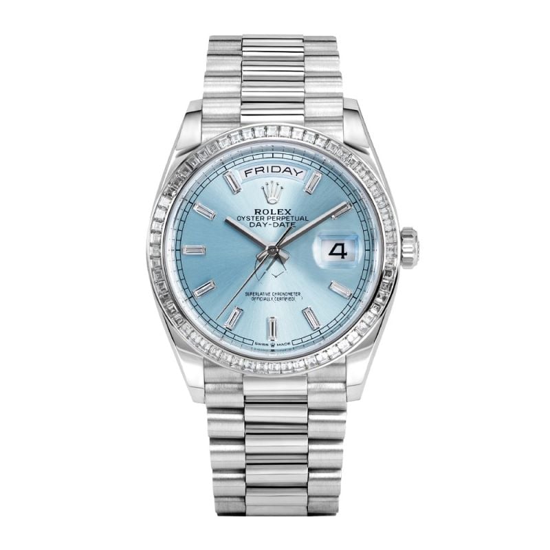 Rolex Day-Date 128396TBR, Platinum, Diamond Bezel, Ice Blue