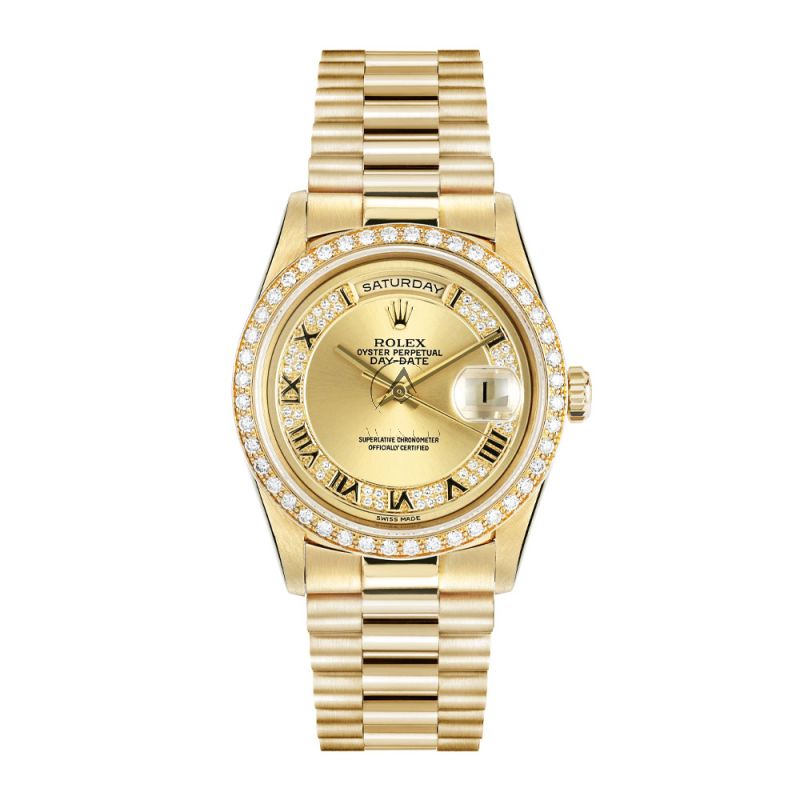 ♫ ページ Rolex Day-Date 36 18348, 18K Yellow Gold, Diamond Bezel, Pave