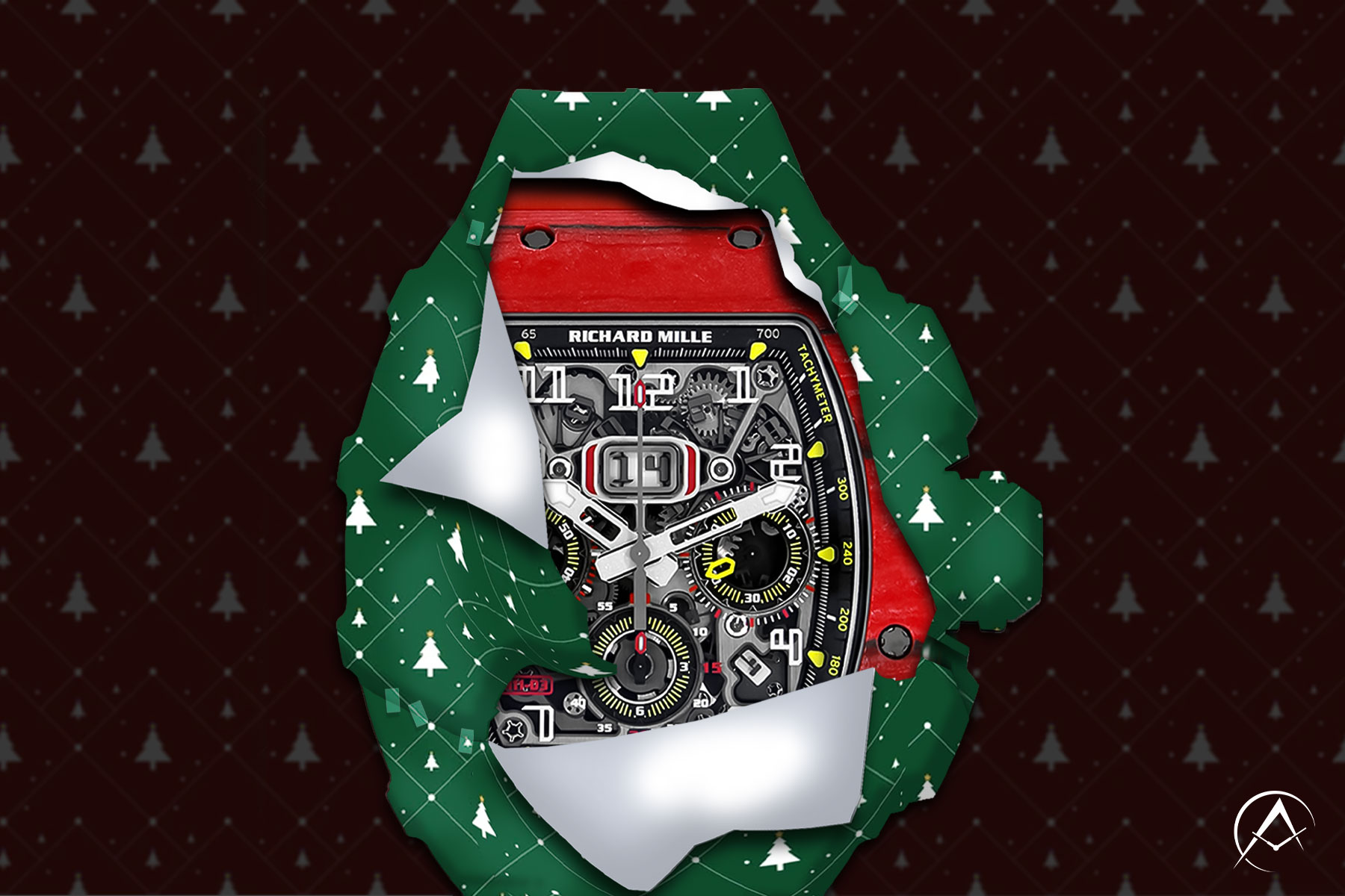 Red Richard Mille RM11-03 Half Unwrapped from Christmas Wrapping Paper