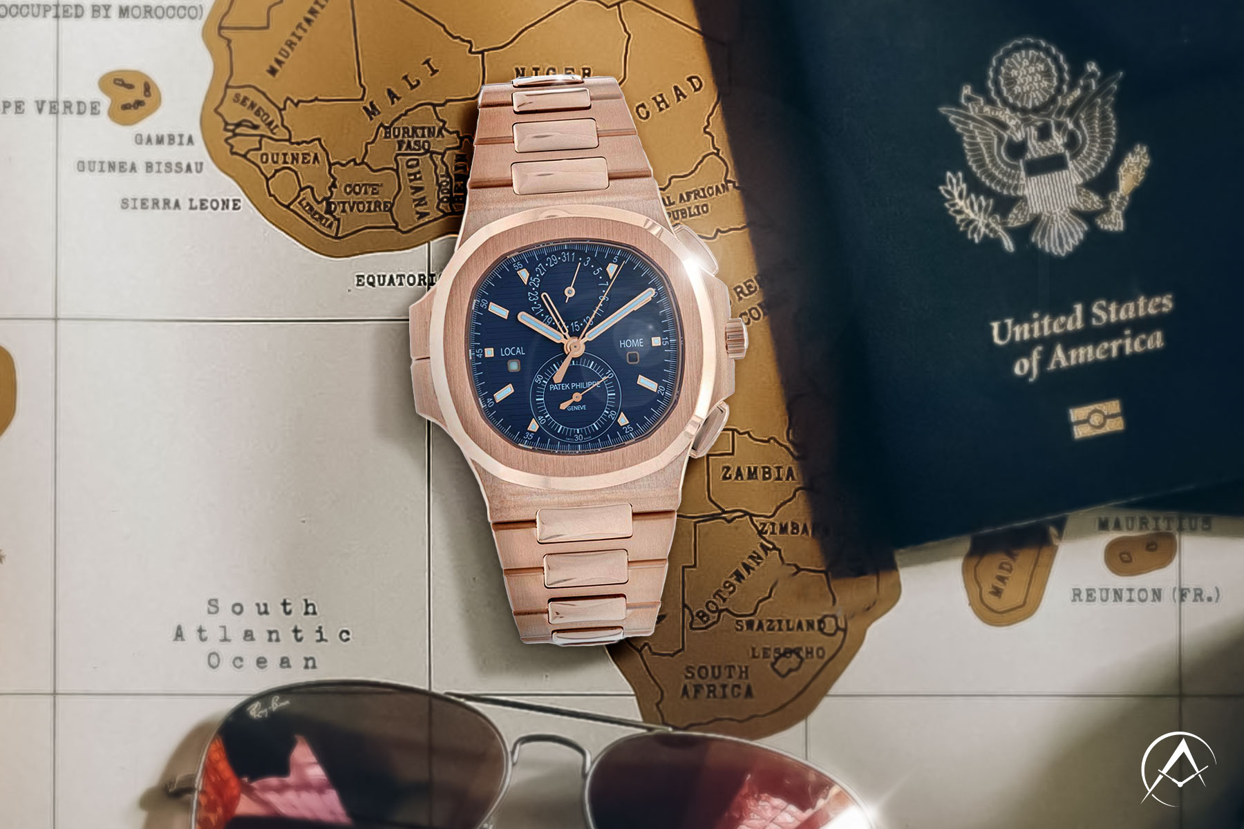 Rose Gold Patek Philippe Dual Time Watch with Blue Dial Sits on a Map Beside a Passport and Aviator Sunglasses.
