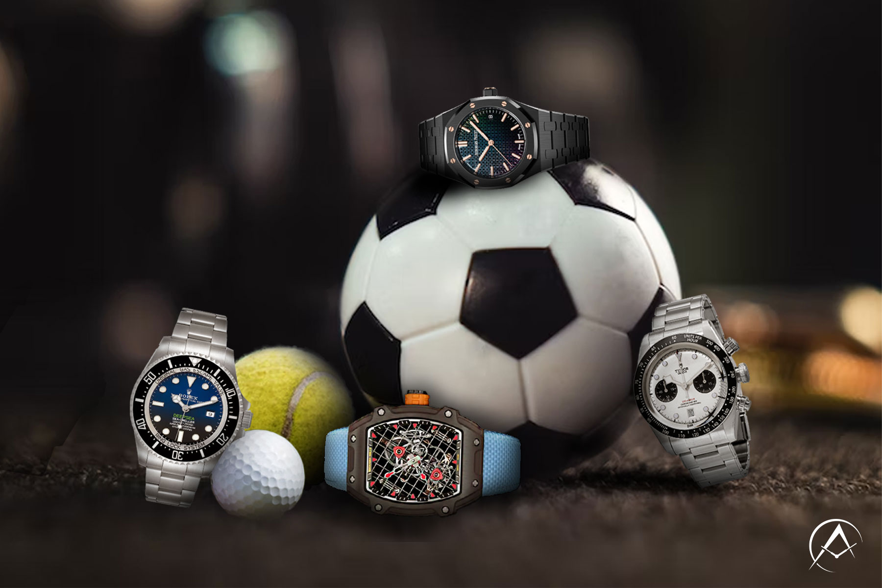 Soccer Ball, Tennis Ball, Golf Ball Surrounds a Rolex Submariner Deepsea, Richard Mille timepiece, Audemars Piguet Royal Oak, and Rolex Deepsea Sea-Dweller