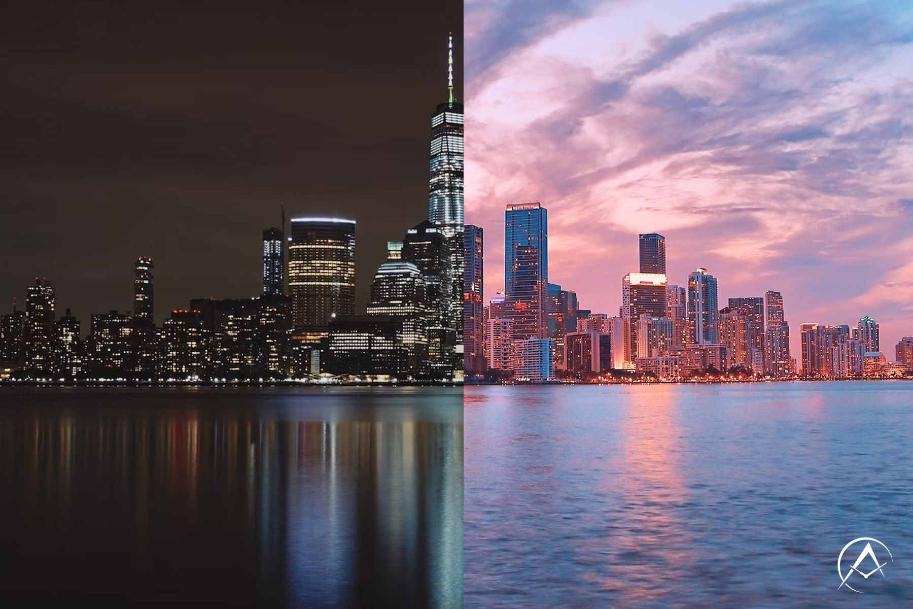 The New York City Skyline at Night Beside the Design District’s Skyline in Miami During the Day.