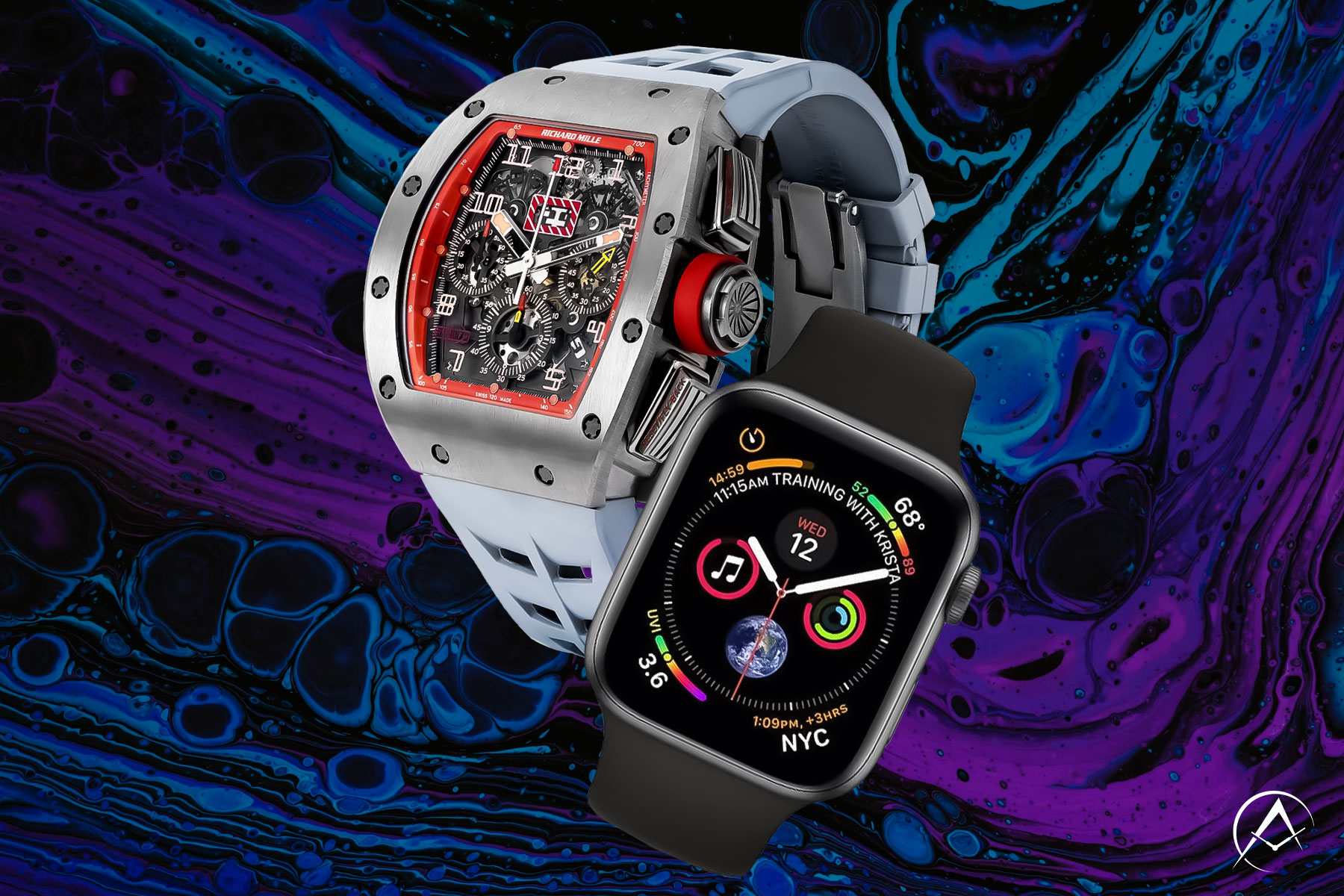 Richard Mille RM 011 Titanium Timepiece with Light Blue Rubber Strap Beside a Black Apple Ultra 2 Smartwatch on a Blue and Purple Background.