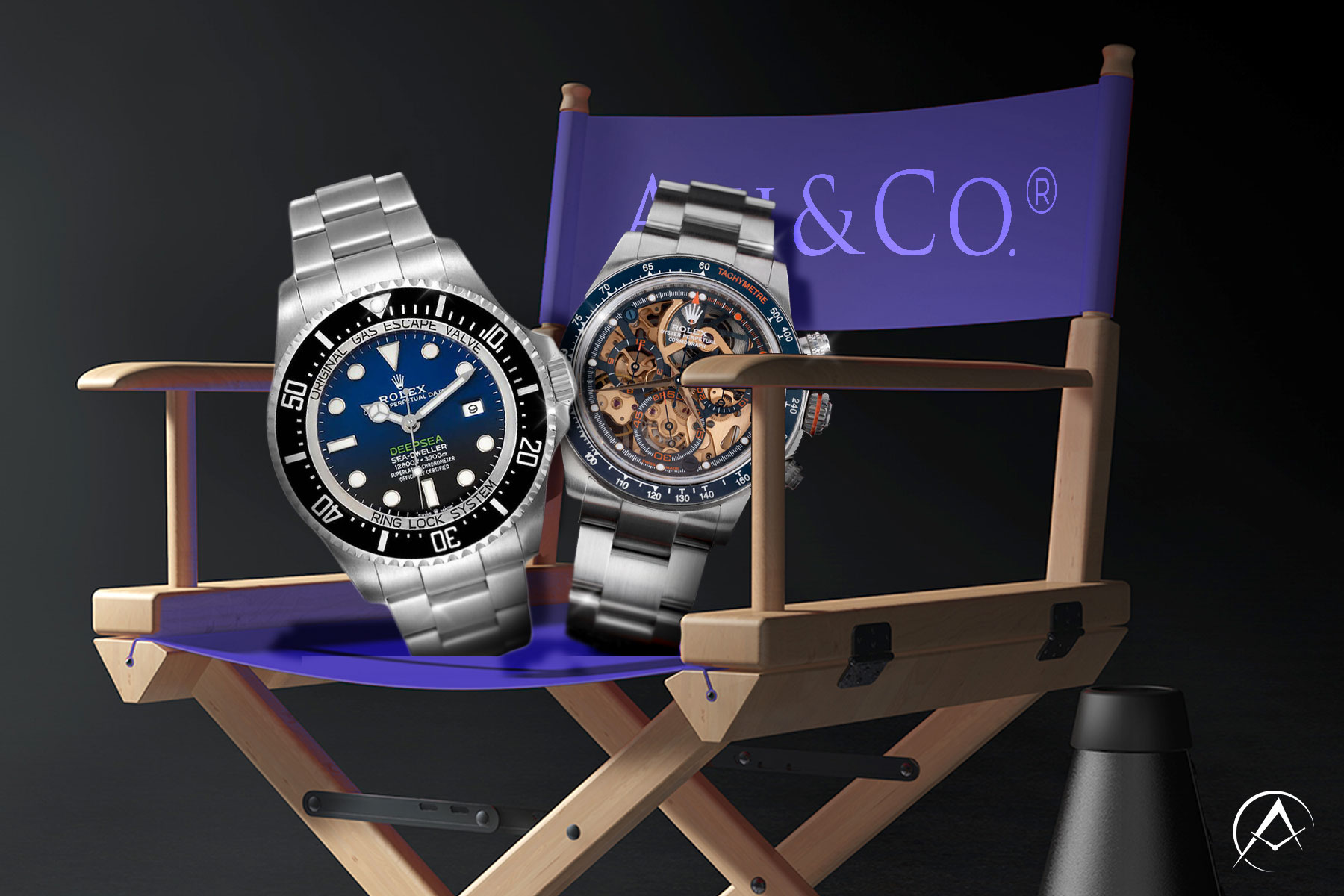 Rolex Sea-Dweller James Cameron DeepSea and Rolex Spike Lee Daytona Timepieces sit on a Director’s Chair with the Avi & Co. Logo.