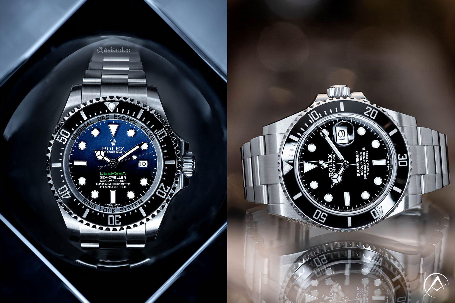 On Left: Rolex Sea-Dweller Deepsea Timepiece. Stainless Steel 44 mm with Unidirectional Ceramic Bezel, Blue Gradient Dial, and Black Bezel. On Right: Stainless Steel Rolex Submariner Timepiece with Unidirectional Ceramic Black Bezel, and Black Dial.