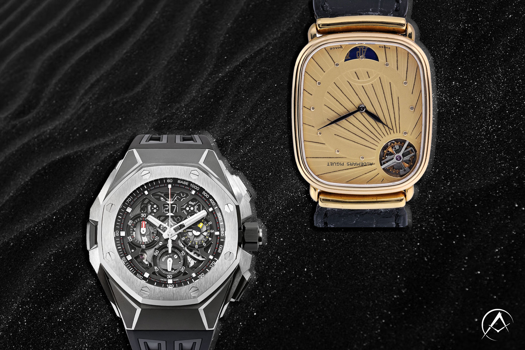 Two Audemars Piguet Timepieces, one with a Gold Dial and the Other a Skeleton Dial on a Black Sandy Background.