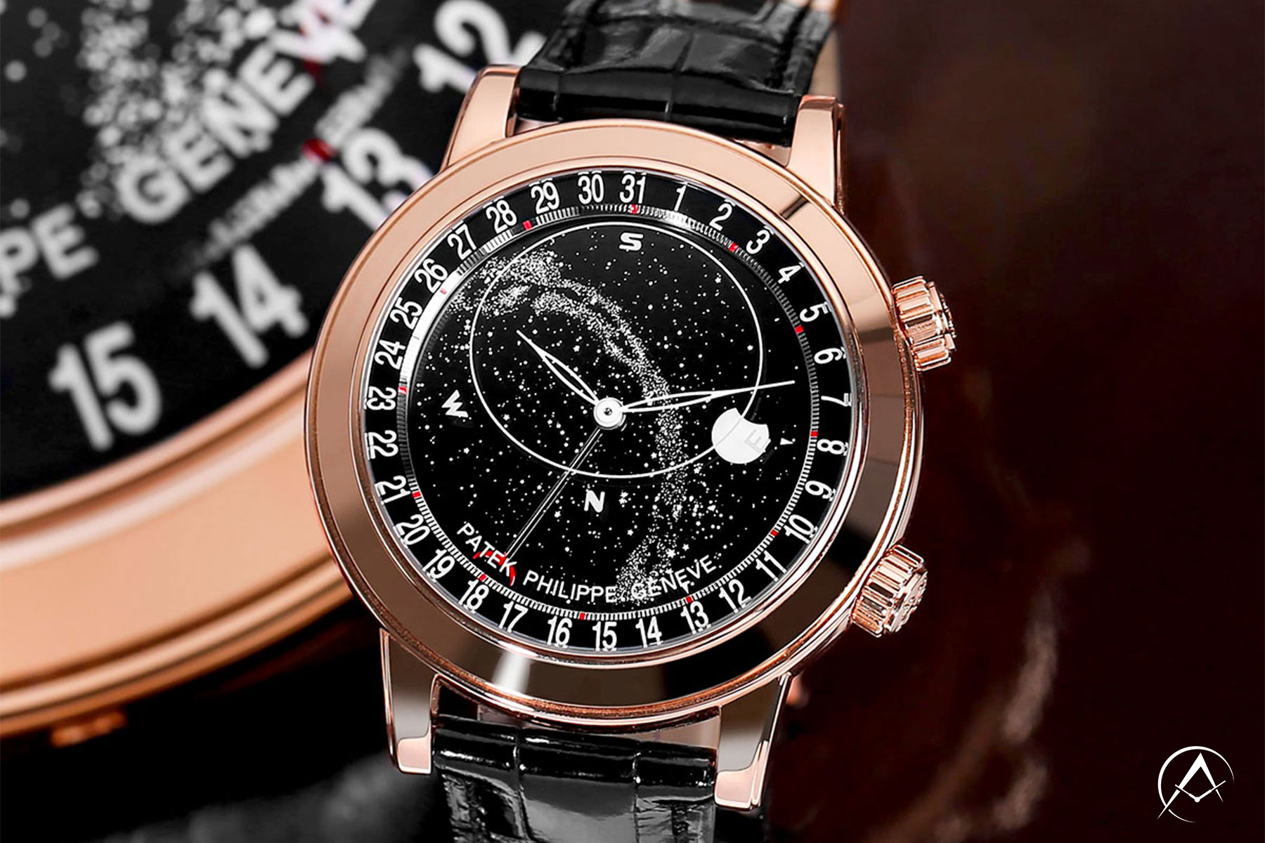 Patek Philippe Grand Complications with 18K Rose Gold Bezel, Black Dial, Moonphase Complication, and Black Leather Strap