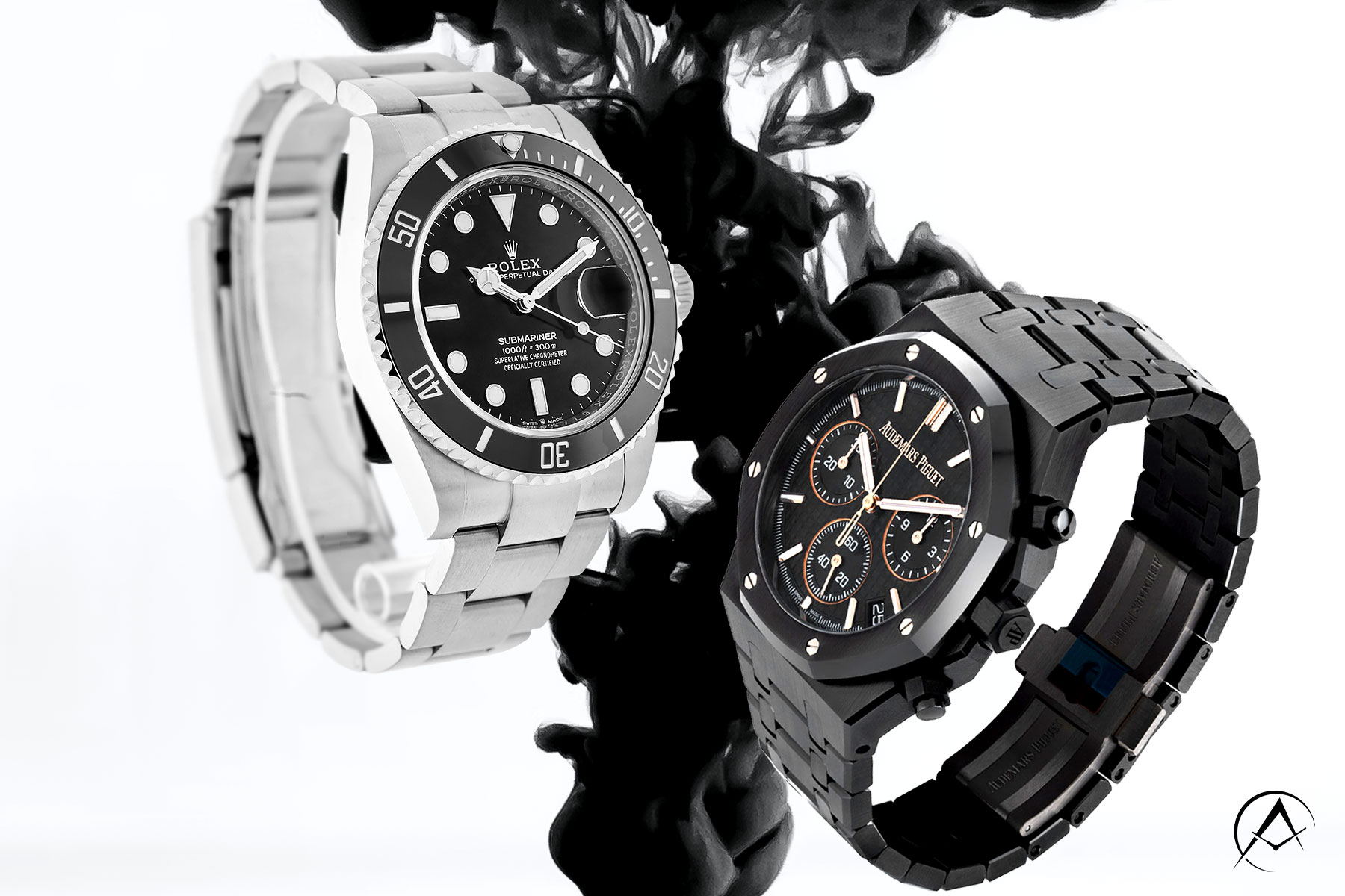 Black Ceramic Audemars Piguet Royal Oak Timepiece and Stainless Steel Rolex Submariner Timepiece both on clear C-Rings on a White Background with Black Smoke.