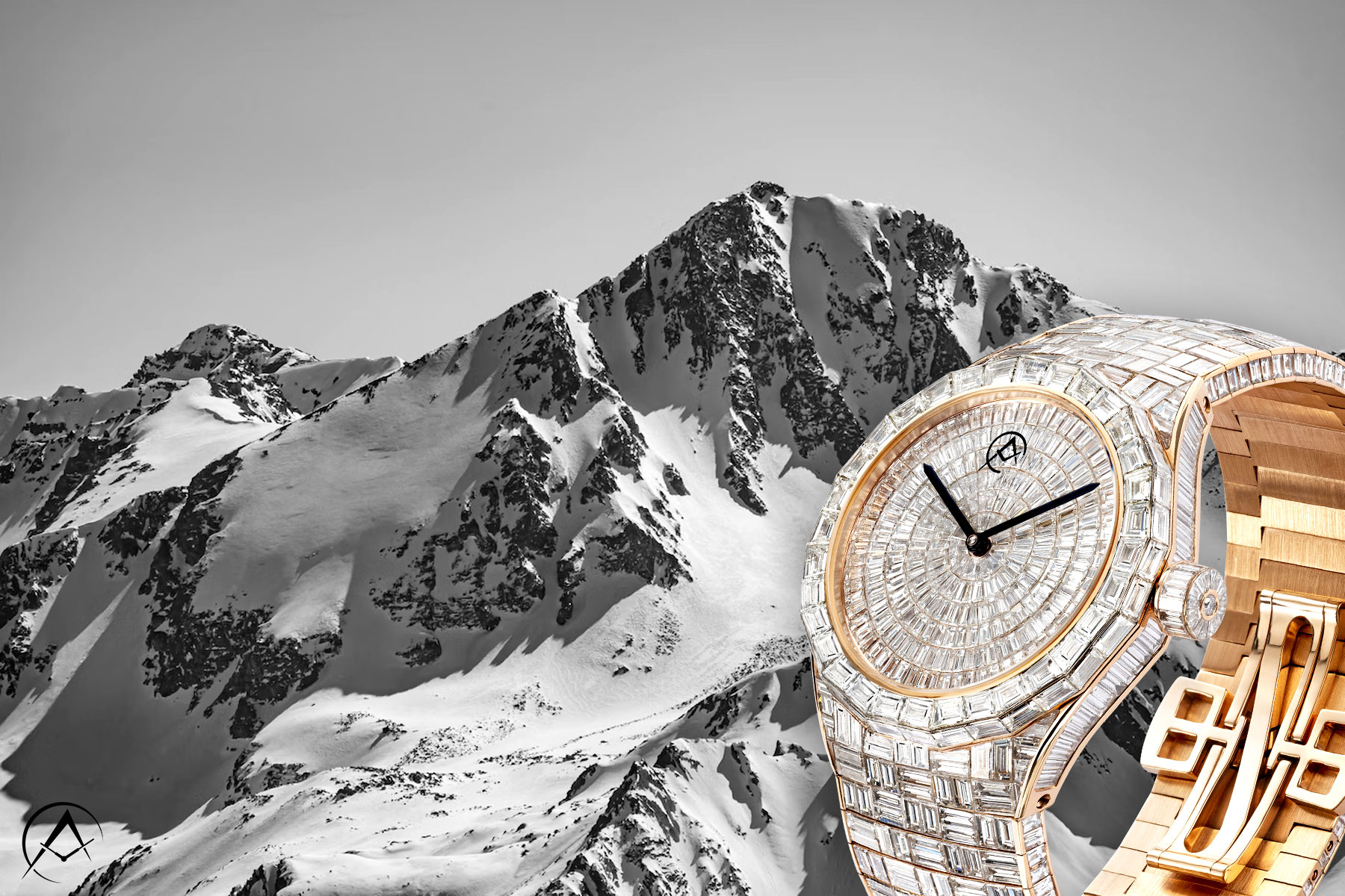 The Snowy Mountains of Aspen, Colorado with a Limited Edition Avi & Co. 18K Rose Gold Timepiece Displayed in the Corner.