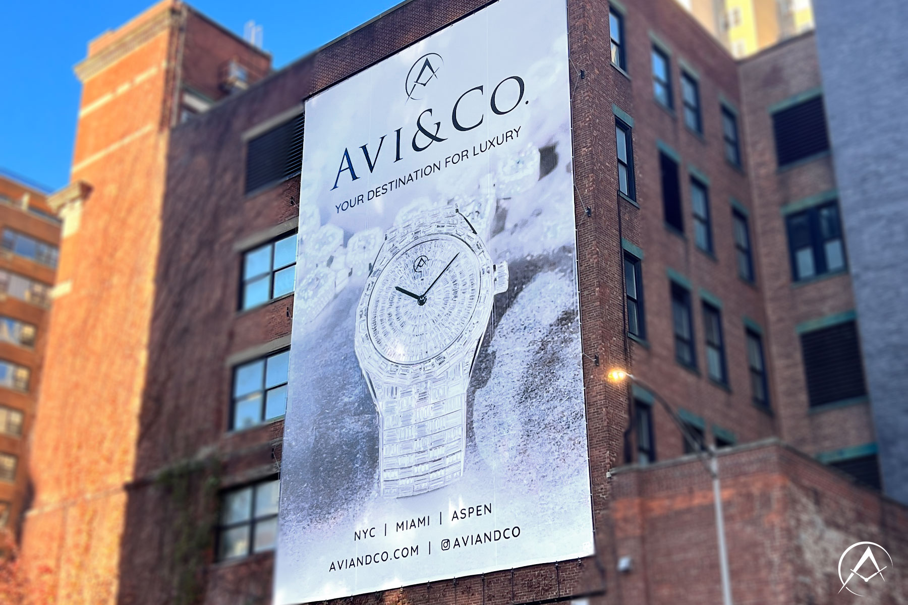 Avi & Co. Billboard Located at Midtown Tunnel and 36th Street Featuring the White Gold Avi & Co. Limited Edition Timepiece and The Crown Chain, a Custom Diamond-Pave Necklace.