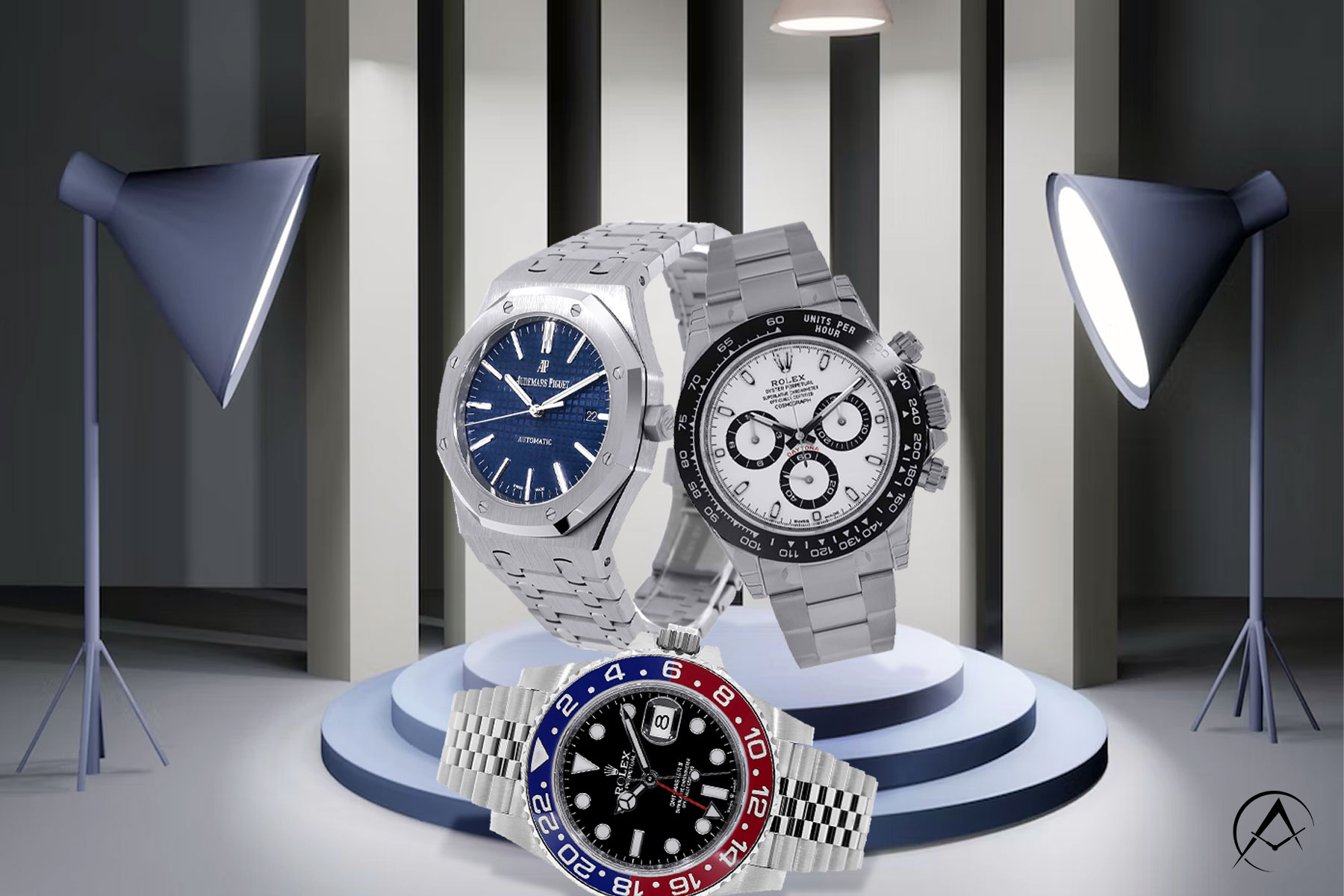3 Sterling Silver Audemars Piguet, Patek Philippe, and Rolex Timepieces are Displayed on a Blue Platform with 4 Lights Spotlighting Them