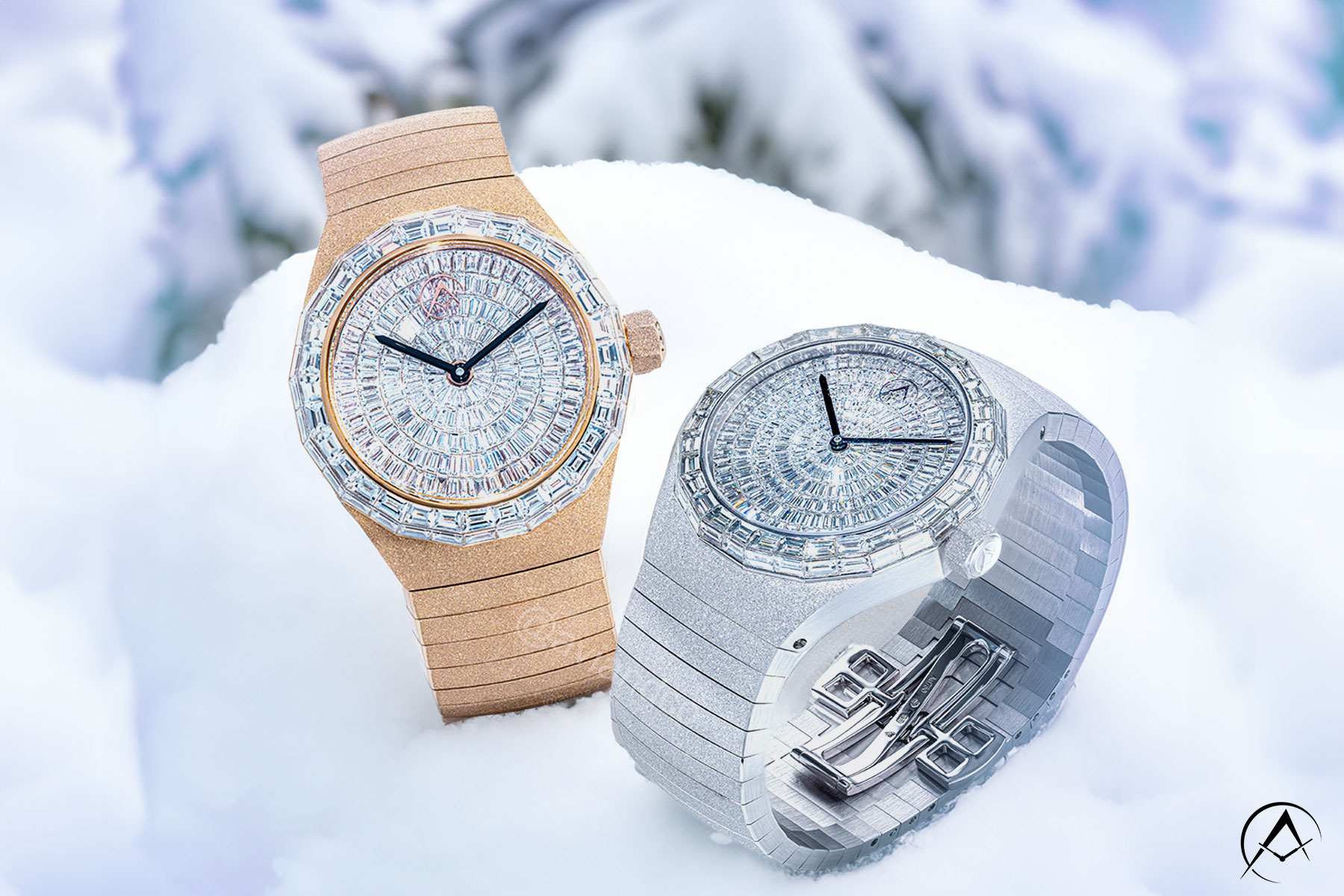 40 mm Avi & Co. Frosted Collection in Both White Gold and Rose Gold Sitting in the Snow.