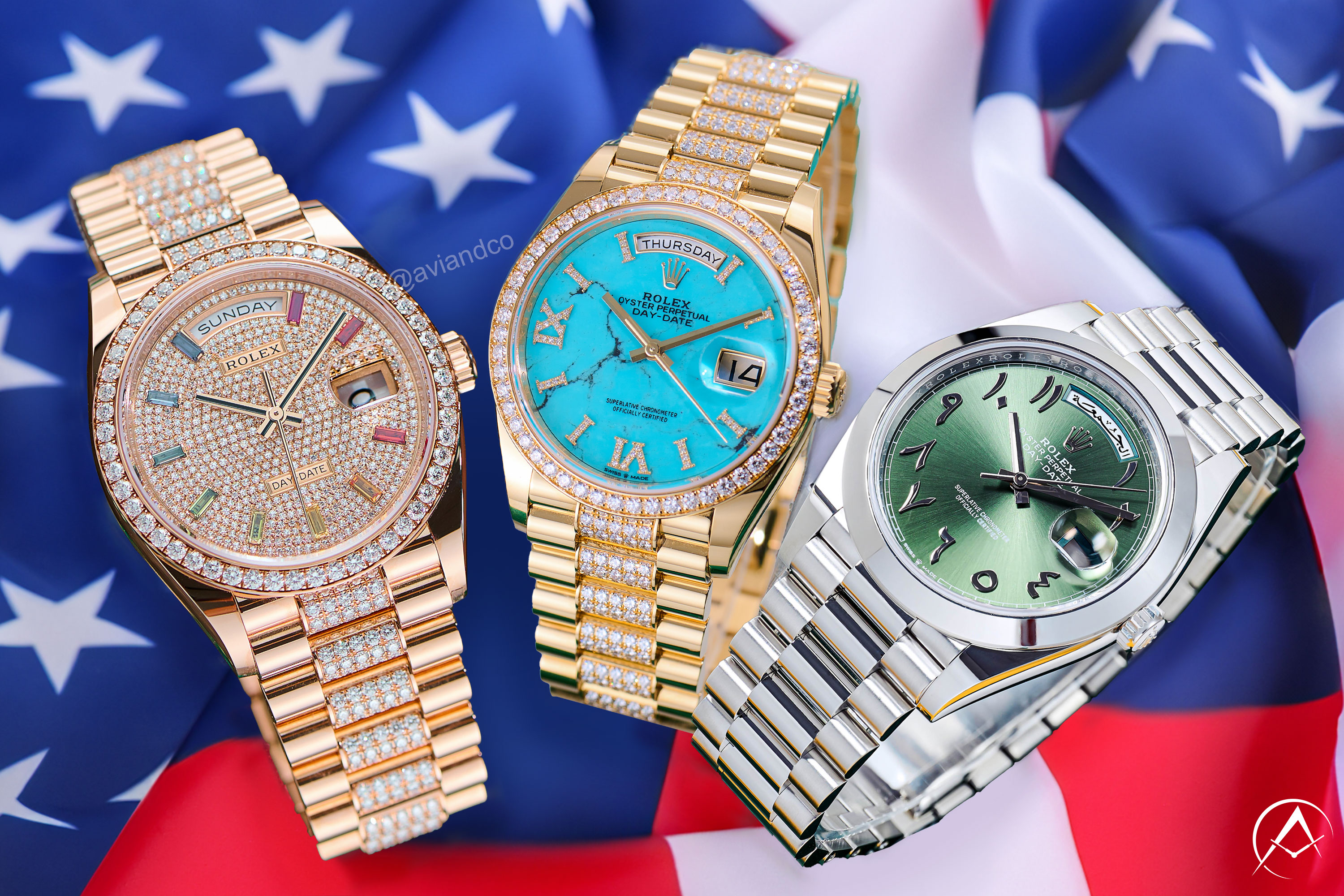 Three Rolex Presidential Day-Date Watches with a Diamond, Turquoise, and Green Dial with an American Flag in the Background.