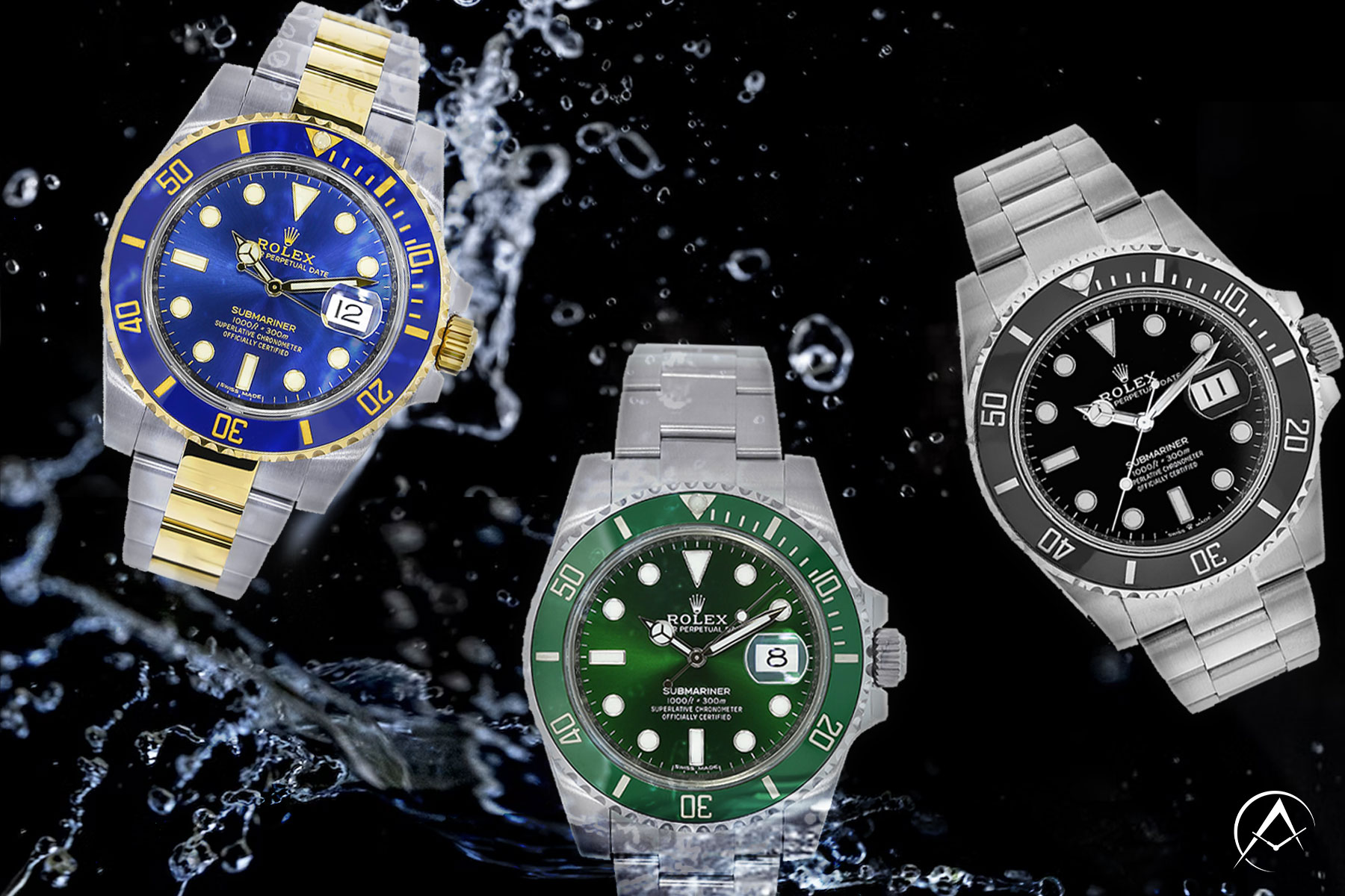 Three Stainless Steel Rolex Submariners on a Black Watery Surface: Blue and Gold Dial and Bezel, a Green Dial and Bezel, and a Black Dial and Bezel 