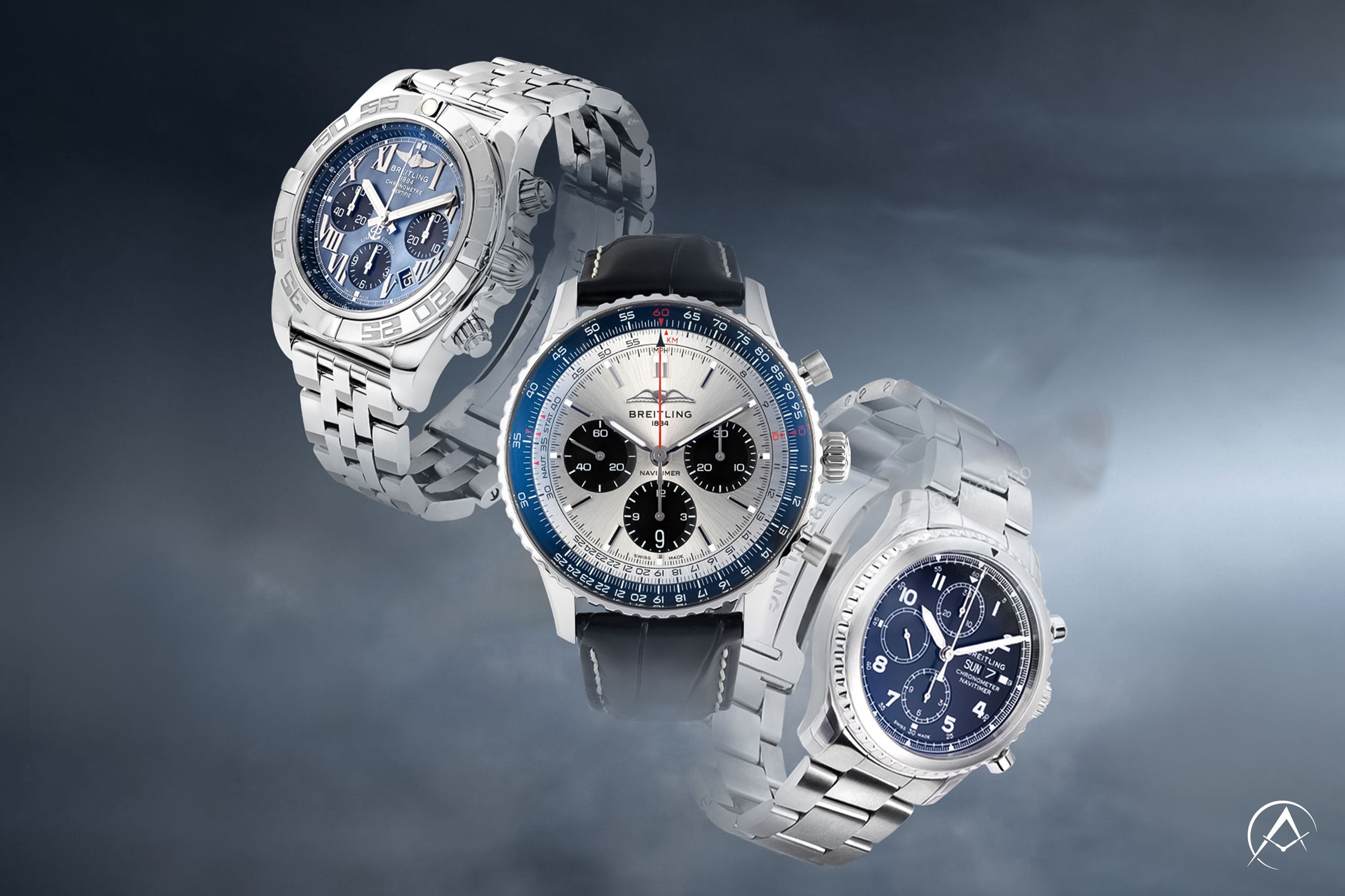 Breitling watches with roots in aviation, including the Breitling Navitimer 8 and Breitling Chronomat are against a cloudy and smoky background