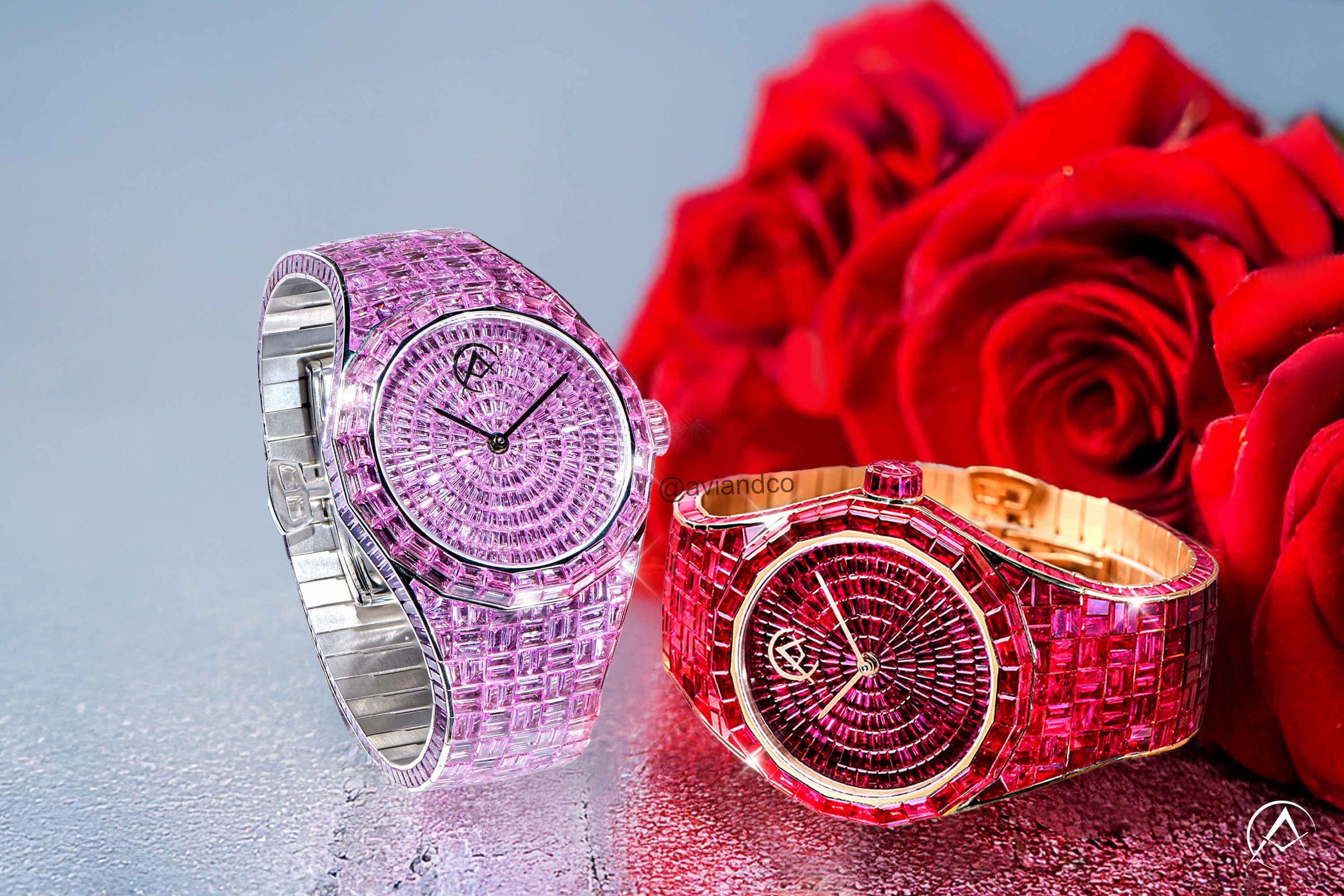 Avi & Co. Hue Collection pink and red watches with roses in the background