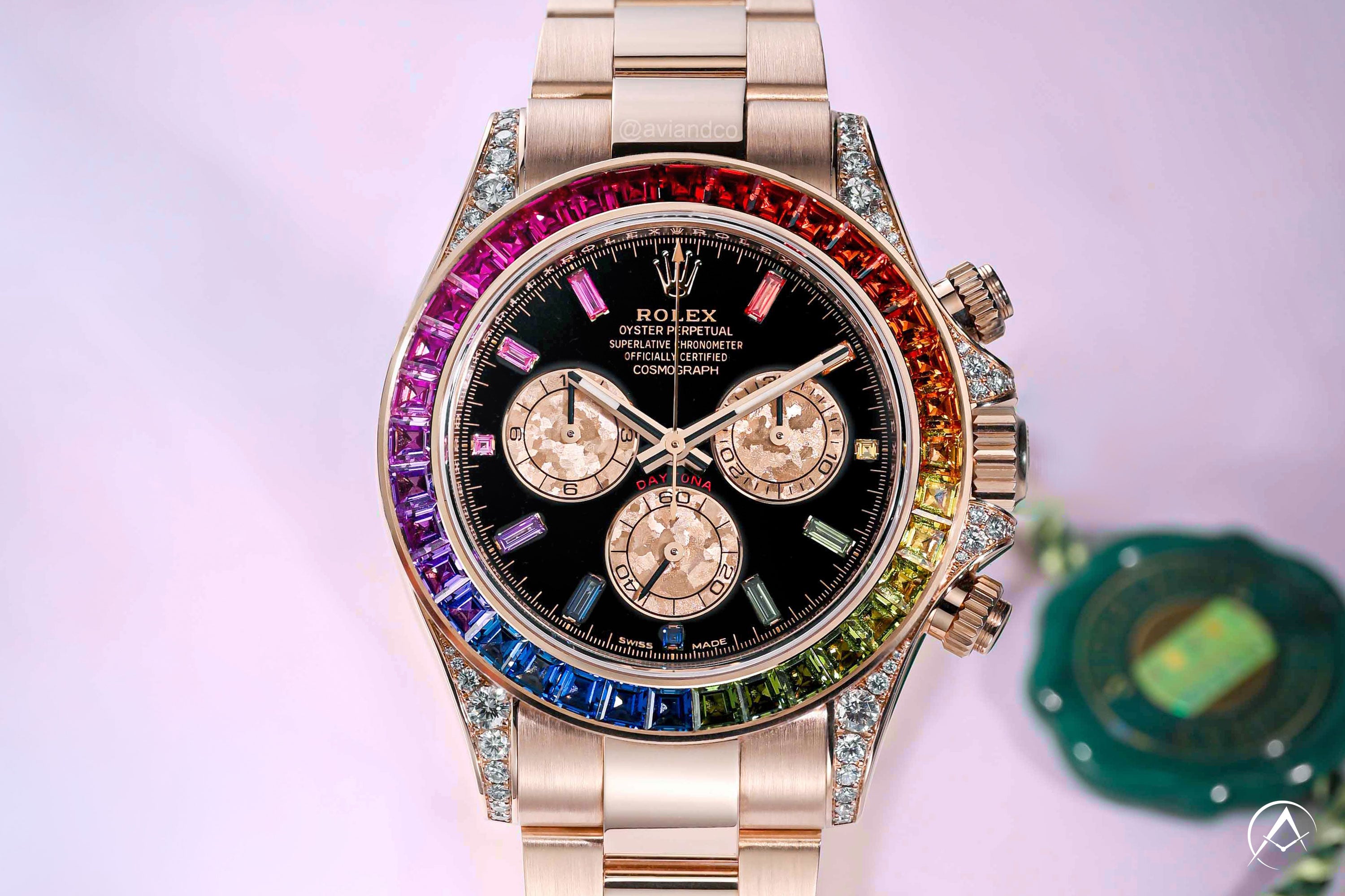 Rolex Daytona, 18K Rose Gold, Rainbow Bezel, Black Index Dial