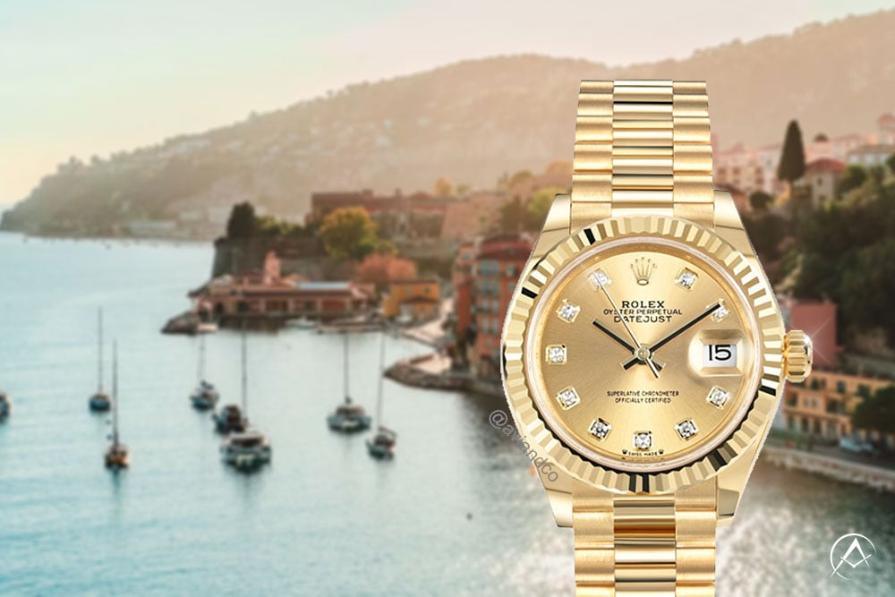 Rolex Datejust 28, 18K Yellow Gold, Champagne Diamond Dial, Presidential Bracelet, luxury watches at Cannes Film Festival