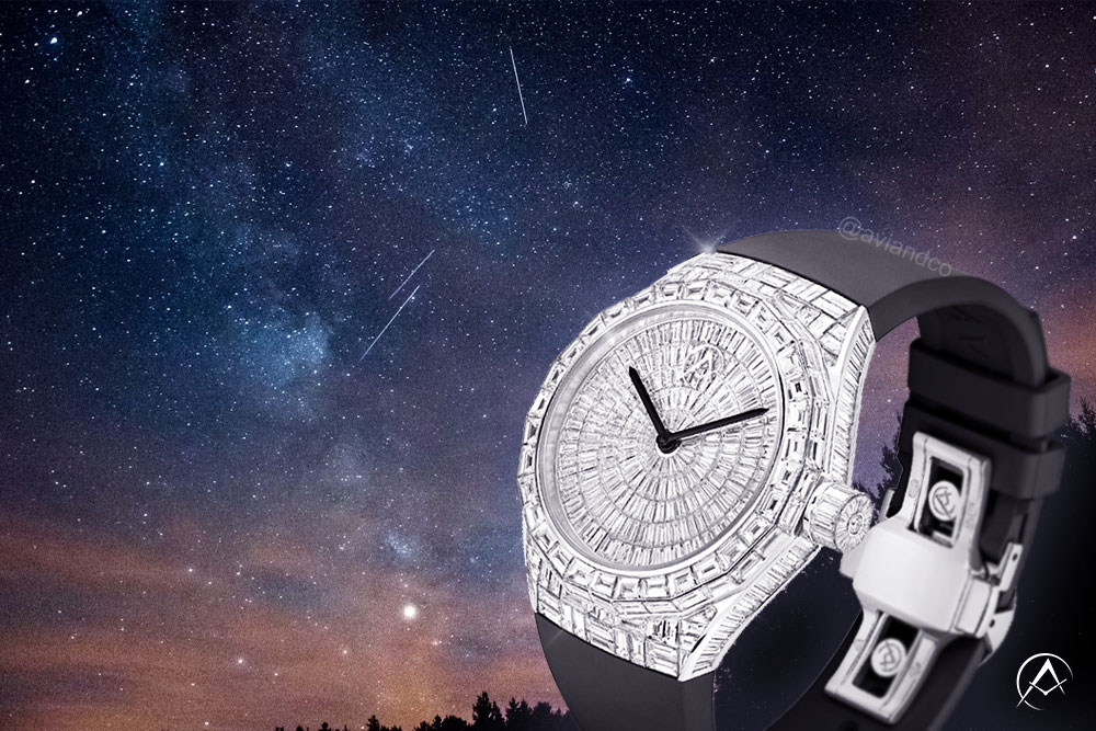 Avi & Co. Iced Collection: Color in Motion, 18K White Gold, Black Rubber Strap, 44 mm